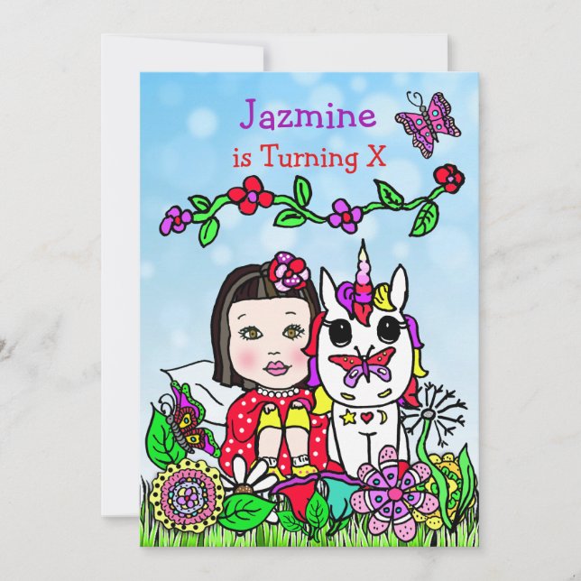 Invitación a cumpleaños de unicornio y hadas de ha (Anverso)