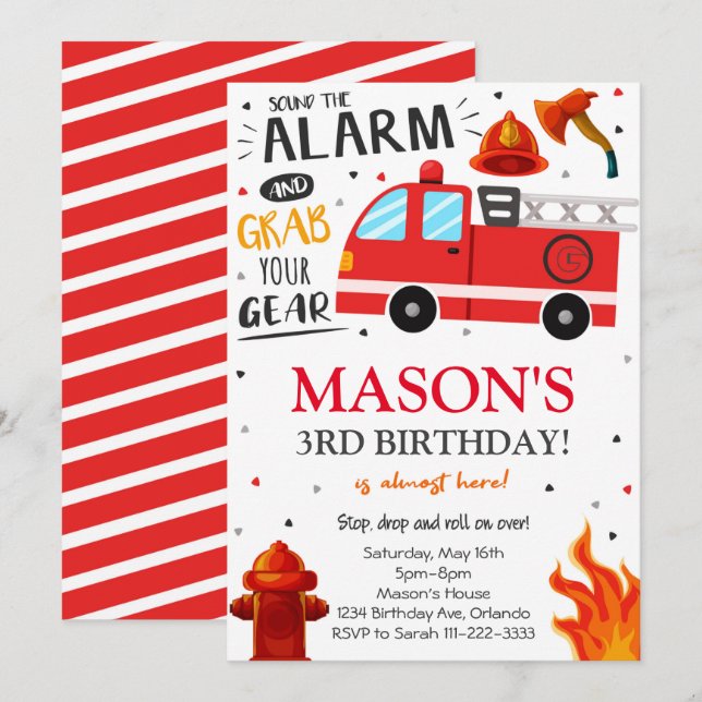 Invitación a cumpleaños del bombero de un camión d (Anverso / Reverso)
