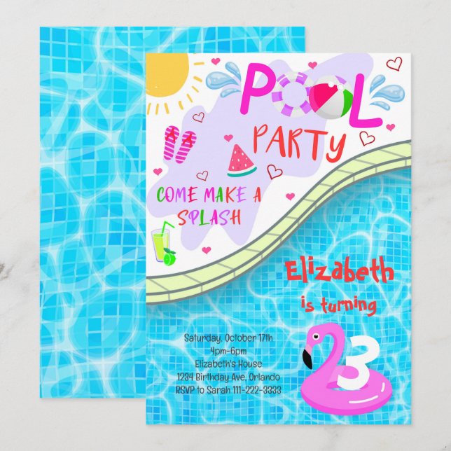Invitación a cumpleaños del Fiesta de la piscina (Anverso / Reverso)