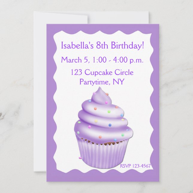 Invitación a cumpleaños del pastel morado (Anverso)