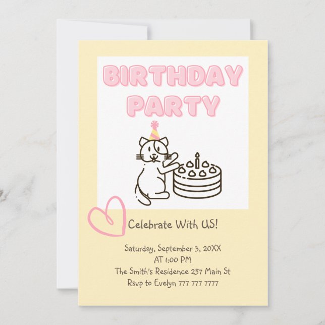 Invitación a cumpleaños divertida y corta de Cat&C (Anverso)
