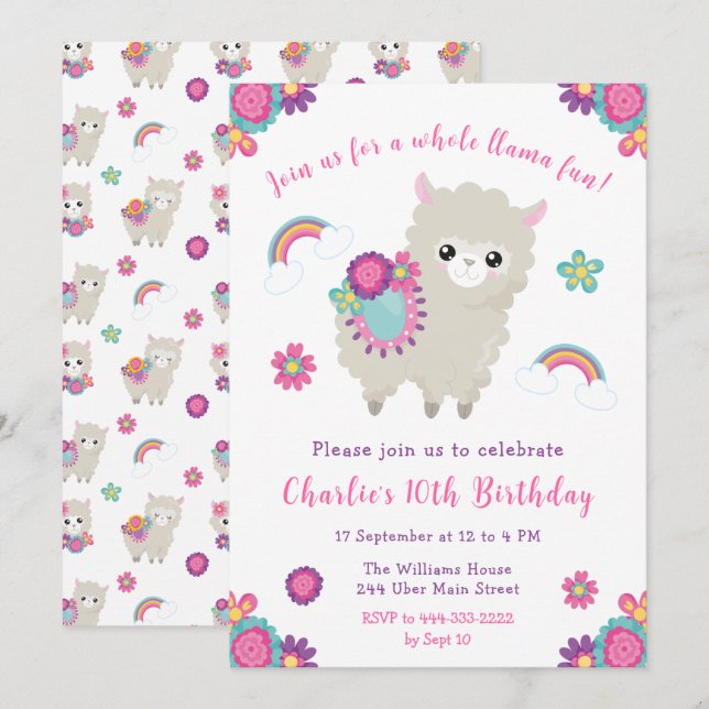 Invitación a cumpleaños floral de Cute Llama (Anverso / Reverso)