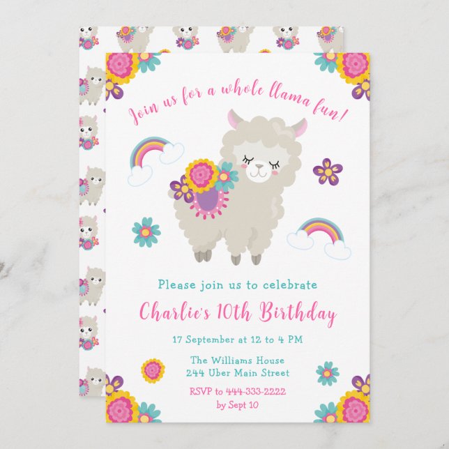 Invitación a cumpleaños floral de Cute Llama (Anverso / Reverso)