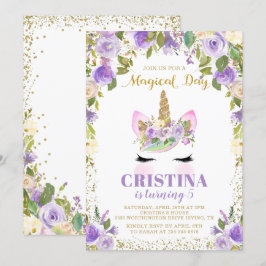 Invitación a cumpleaños floral de unicornio de oro