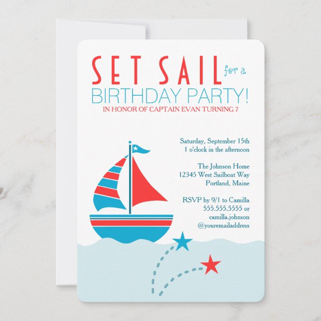 Invitación a cumpleaños náutico en barco azul y ro (Anverso)