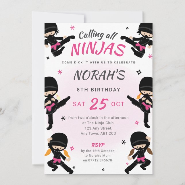 Invitación a cumpleaños Ninja rosada - Fiesta de k (Anverso)