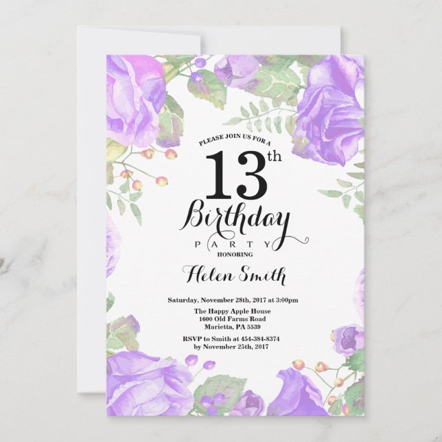 Invitación a cumpleaños número 13 a la Floral Púrp (Anverso)