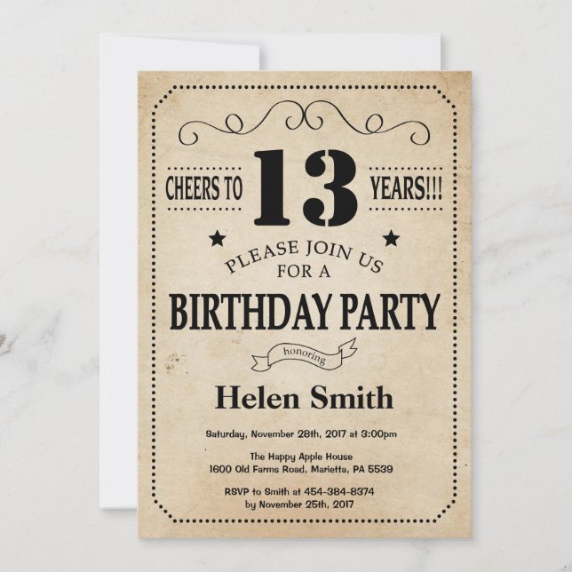 Invitación a cumpleaños número 13 Retro de cosecha (Anverso)