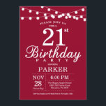 Invitación a cumpleaños número 21 Borgoña Roja<br><div class="desc">Invitación de cumpleaños 21 con String Lights. Fondo Rojo Borgoña. 13. 15. 16. 18. 20. 21. 30. 40. 50. 60. 70. 80. 90. 100. Cualquier edad.
Para más personalización,  haga clic en el botón "Personalizar" y utilice nuestra herramienta de diseño para modificar esta plantilla.</div>