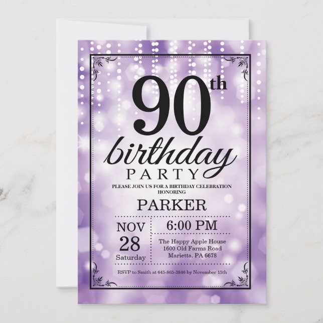 Invitación a cumpleaños número 90 Purpurina morado (Anverso)