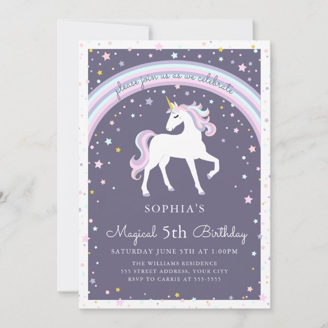 Invitación a cumpleaños número de unicornio mágico (Anverso)