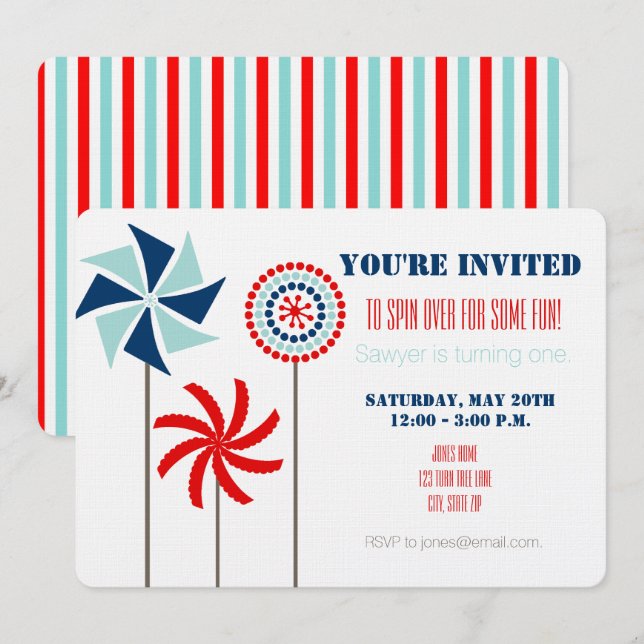 Invitación a cumpleaños Patriotic PinWheel (Anverso / Reverso)