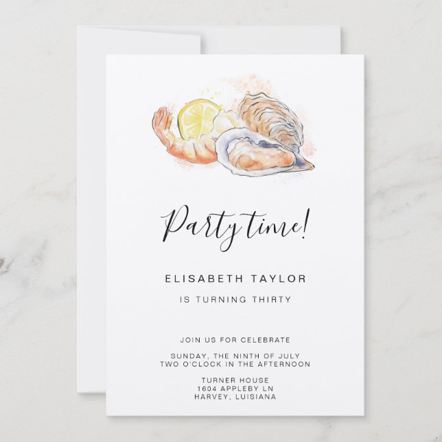 Invitación a cumpleaños por camarón y ostra acuare (Anverso)