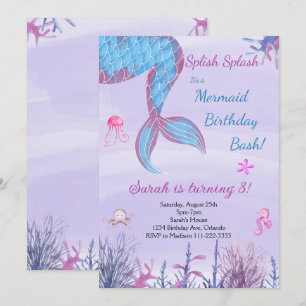 Invitación a cumpleaños púrpura de la Sirena de co