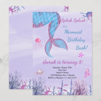 Invitación a cumpleaños púrpura de la Sirena de co
