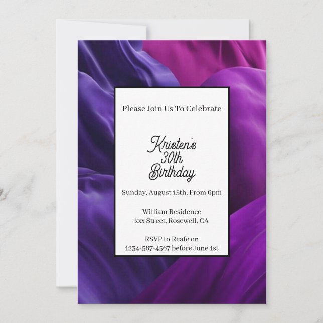 Invitación a cumpleaños púrpura simple (Anverso)