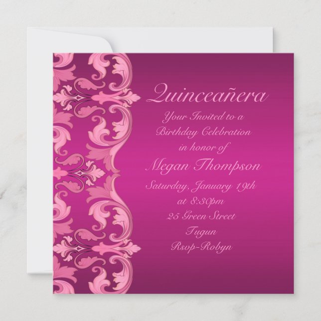 Invitación a cumpleaños Quinceañera Swirl Damask H (Anverso)