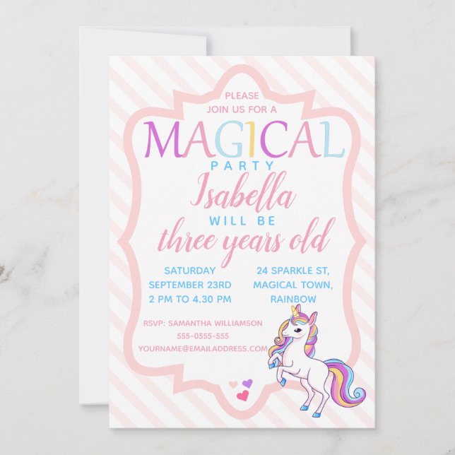 Invitación a cumpleaños rosa de unicornio mágico l (Anverso)