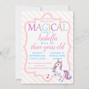 Invitación a cumpleaños rosa de unicornio mágico l