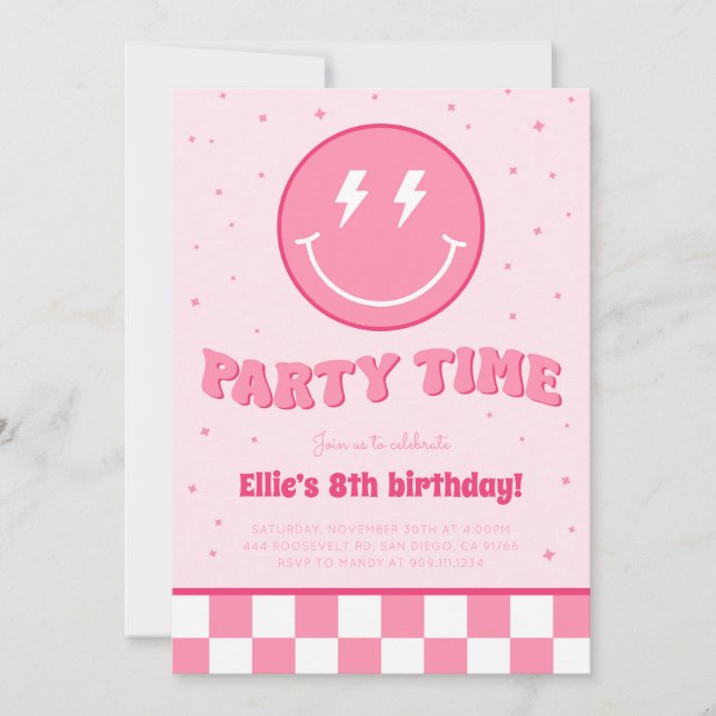 Invitación a cumpleaños rosado de Chica de Cara de (Anverso)
