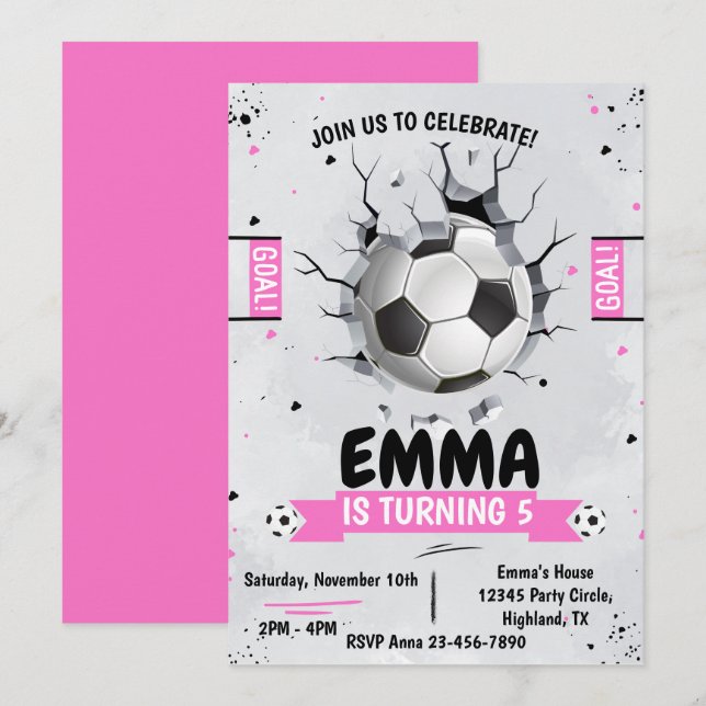 Invitación a cumpleaños rosado de Chica de fútbol (Anverso / Reverso)