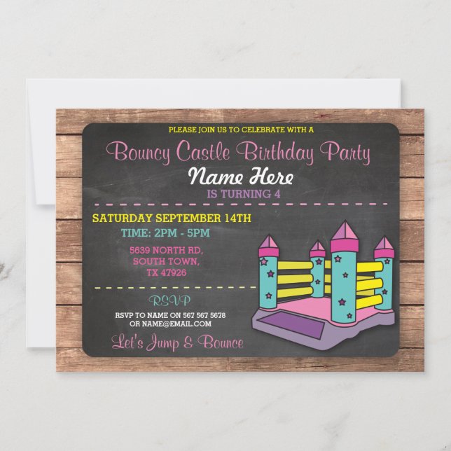 Invitación a cumpleaños rosado del Fiesta Bouncy C (Anverso)
