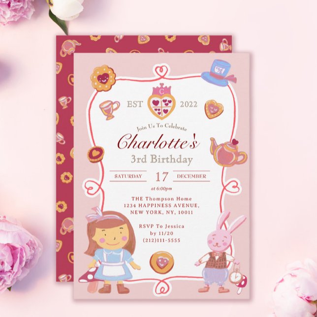 Invitación a cumpleaños rosado del Fiesta del té d (Subido por el creador)