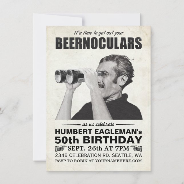 Invitación a cumpleaños vintage de Beernoculars (Anverso)