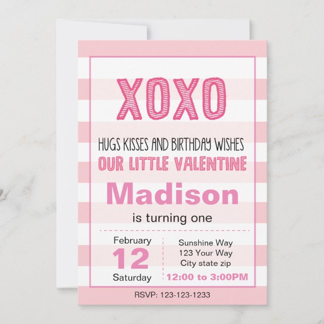 Invitación a cumpleaños XOXO Valentine (rosa) (Anverso)