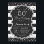 Invitación a cumplir 50 años. Purpurina negro y pl<br><div class="desc">Invitación a los 50 años para mujeres o hombres. Invitación a la fiesta de cumpleaños negro y plateado. Purpurina Plateado Confetti. Bandas blancas y negras. Digital Imprimible.
Para más personalización,  haga clic en el botón "Personalizar" y utilice nuestra herramienta de diseño para modificar esta plantilla.</div>