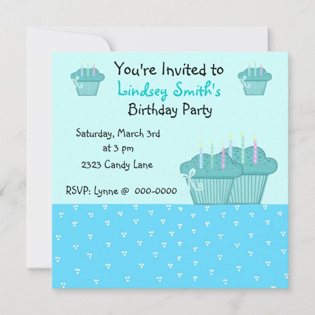 Invitación a Cupcakes de Cumpleaños Azul Cuta (Anverso)