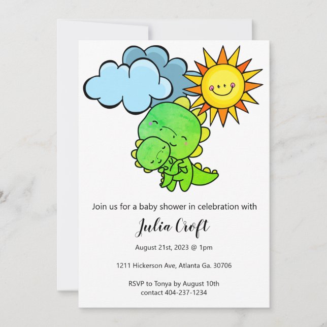 Invitación a curar de Baby Shower sobre los dinosa (Anverso)