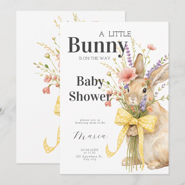 Invitación A cute little Floral Bunny Yellow Bow Baby Shower  (Anverso / Reverso)