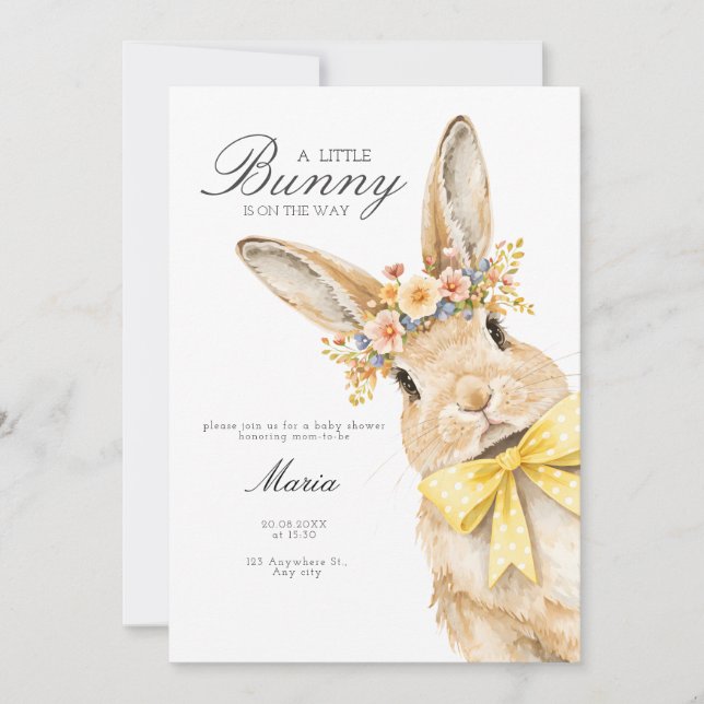 Invitación A cute little Floral Bunny Yellow Bow Baby Shower  (Anverso)