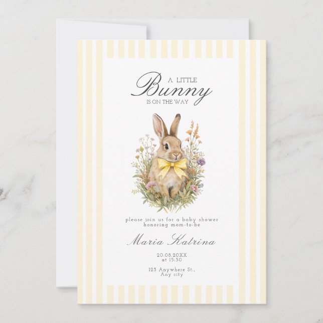 Invitación A cute little Floral Bunny Yellow Bow Baby Shower  (Anverso)