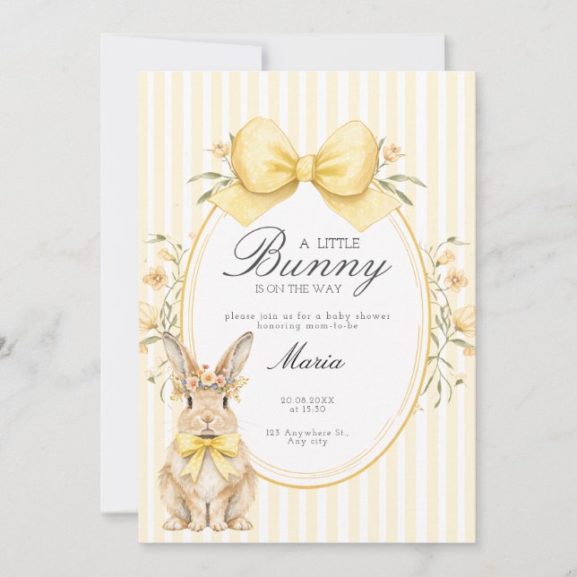 Invitación A cute little Floral Bunny Yellow Bow Baby Shower  (Anverso)
