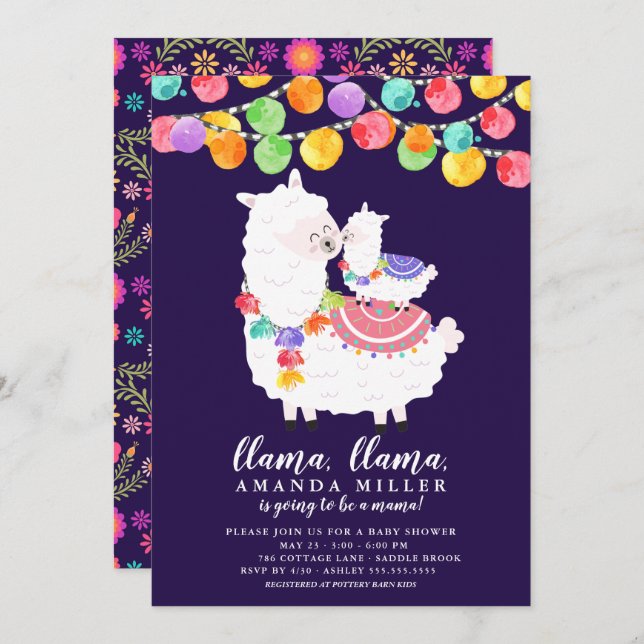 Invitación a Cute Llama Mama en Baby Shower (Anverso / Reverso)