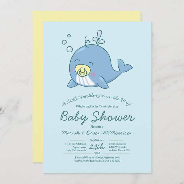 Invitación a Cute Whale Baby Shower Kawaii (Anverso / Reverso)