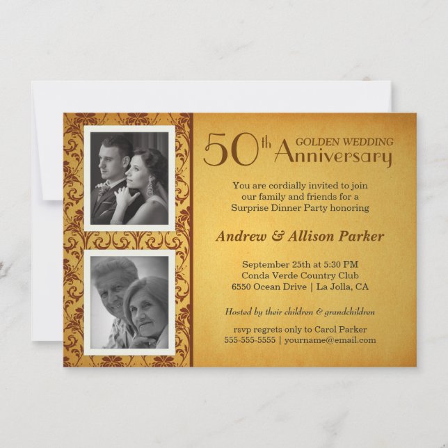 Invitación a Damasco de Aniversario de Oro 2 Fotos (Anverso)