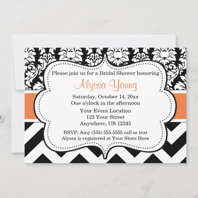 Invitación a Damasco de Chevron negro y Naranja (Anverso)