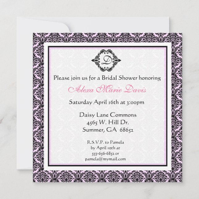 Invitación a Damasco de Ducha Bridal Rosa y Negro (Anverso)