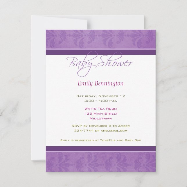 Invitación a Damasco morado de Baby Shower (Anverso)