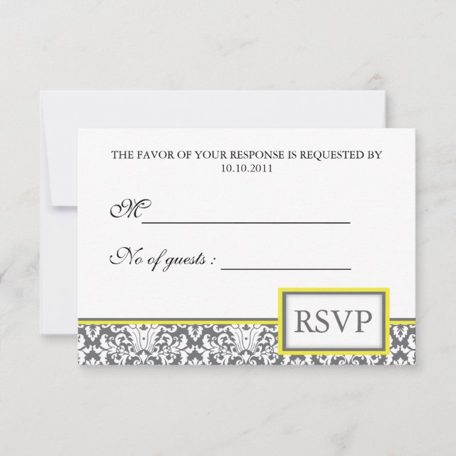 Invitación a Damask RSVP de 'Gray Damask (amarillo (Anverso)
