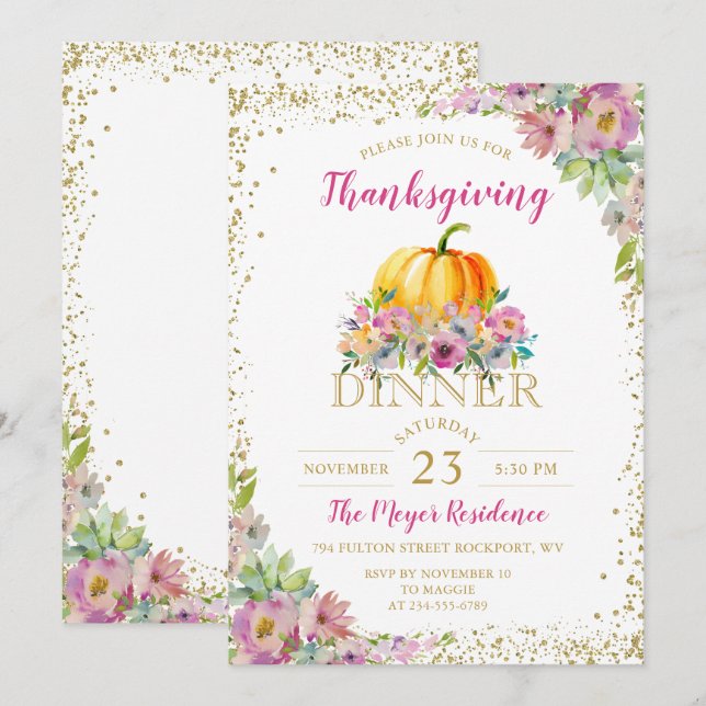 Invitación a dar gracias a la calabaza floral acua (Anverso / Reverso)
