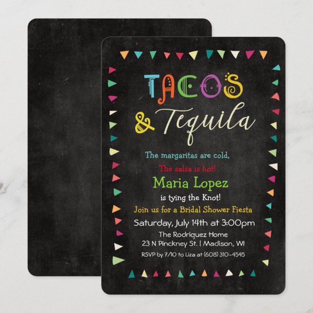 Invitación a Despedida de Soltera con Tacos y Tequ (Anverso / Reverso)