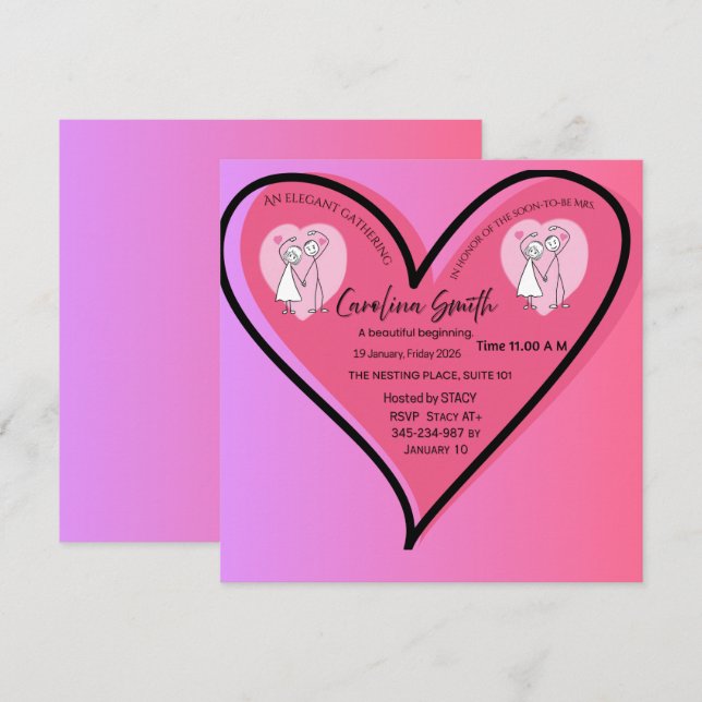 Invitación a Despedida de Soltera Corazón Romántic (Anverso / Reverso)