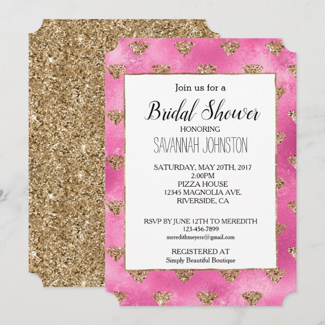 Invitación a diamantes de Purpurina de oro rosado  (Anverso / Reverso)