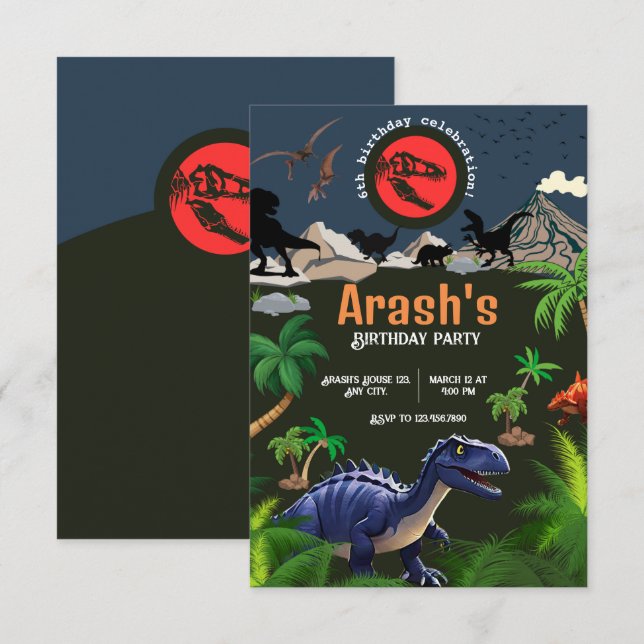 Invitación a dinosaurios, cumpleaños de dinosaurio (Anverso / Reverso)