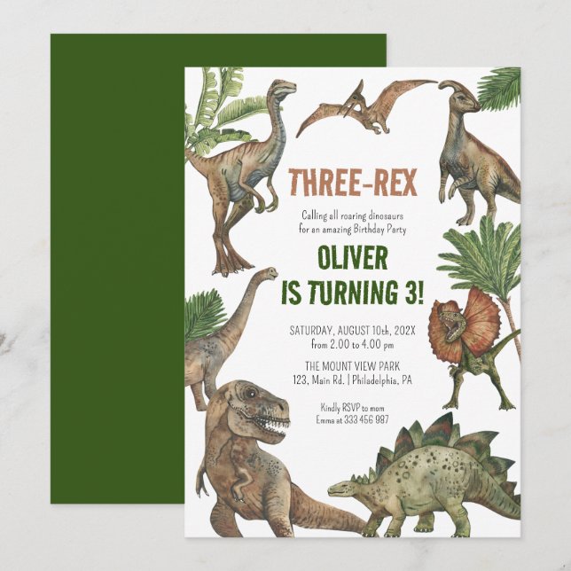 Invitación a dinosaurios de cumpleaños de tres Rex (Anverso / Reverso)