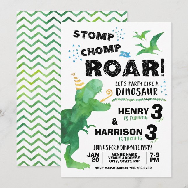 Invitación a dinosaurios para dos cumpleaños (Anverso / Reverso)